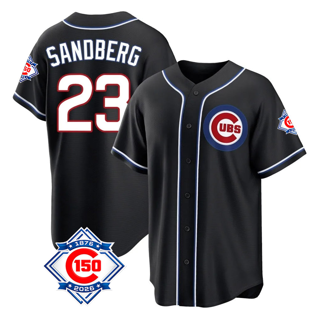 Fenge C.Cubs #23 Ryne Sandberg Player Black Fashion Out 150th Anniversary Game Stitched Jerseys