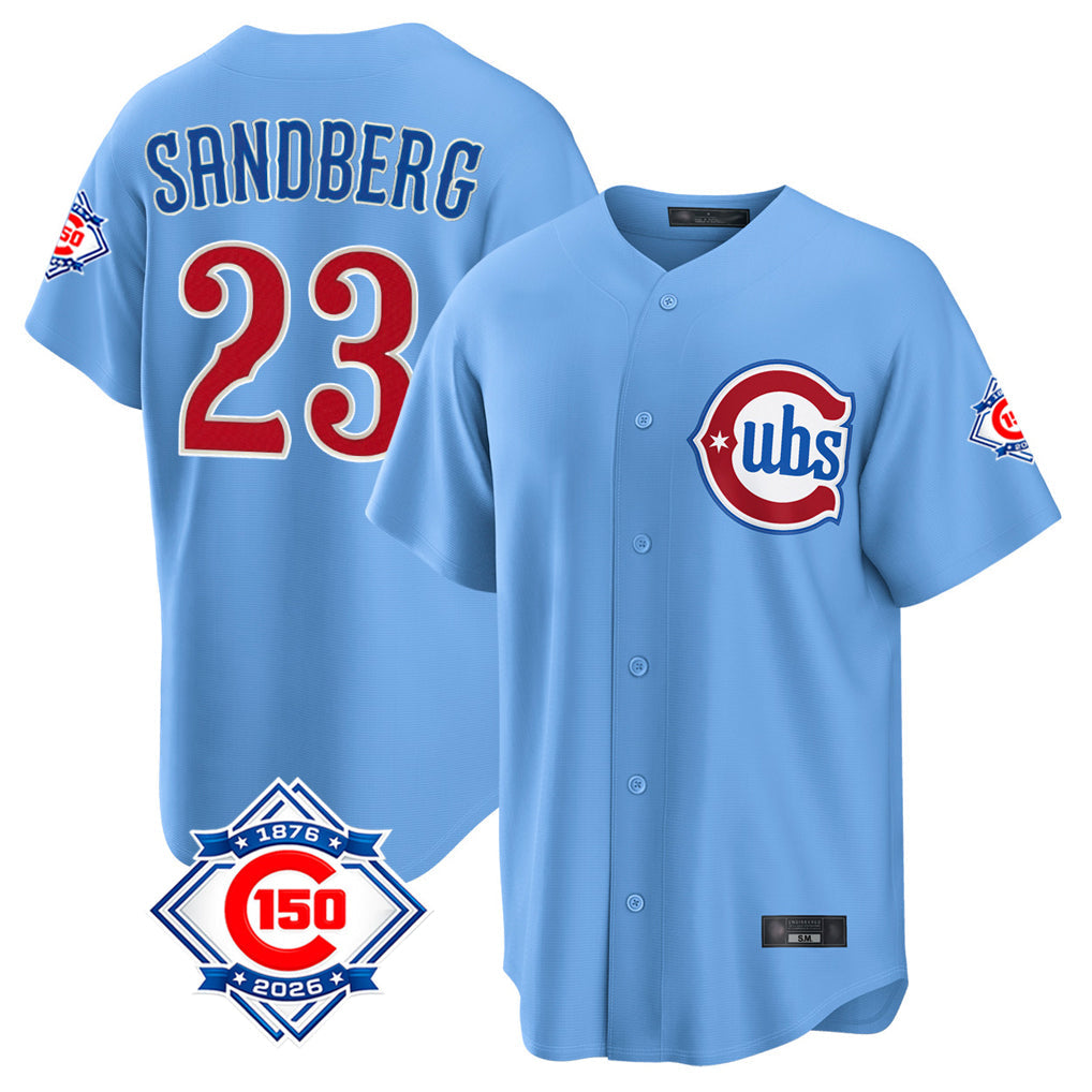 Fenge C.Cubs #23 Ryne Sandberg Player Light Blue 150th Anniversary Home Game Stitched Jerseys