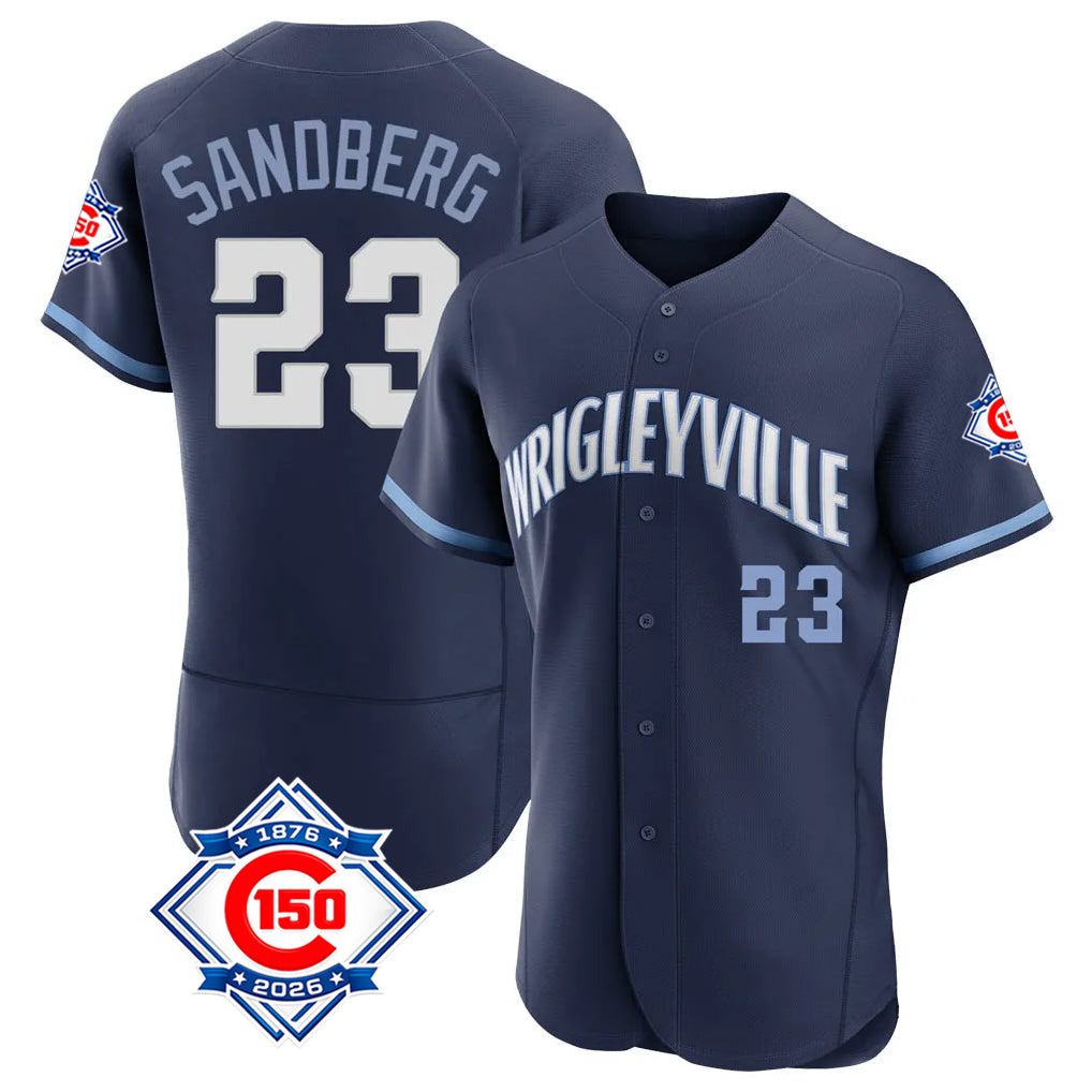 Fenge C.Cubs #23 Ryne Sandberg Player Navy City Connect 150th Anniversary Limited Elite Home Stitched Jerseys