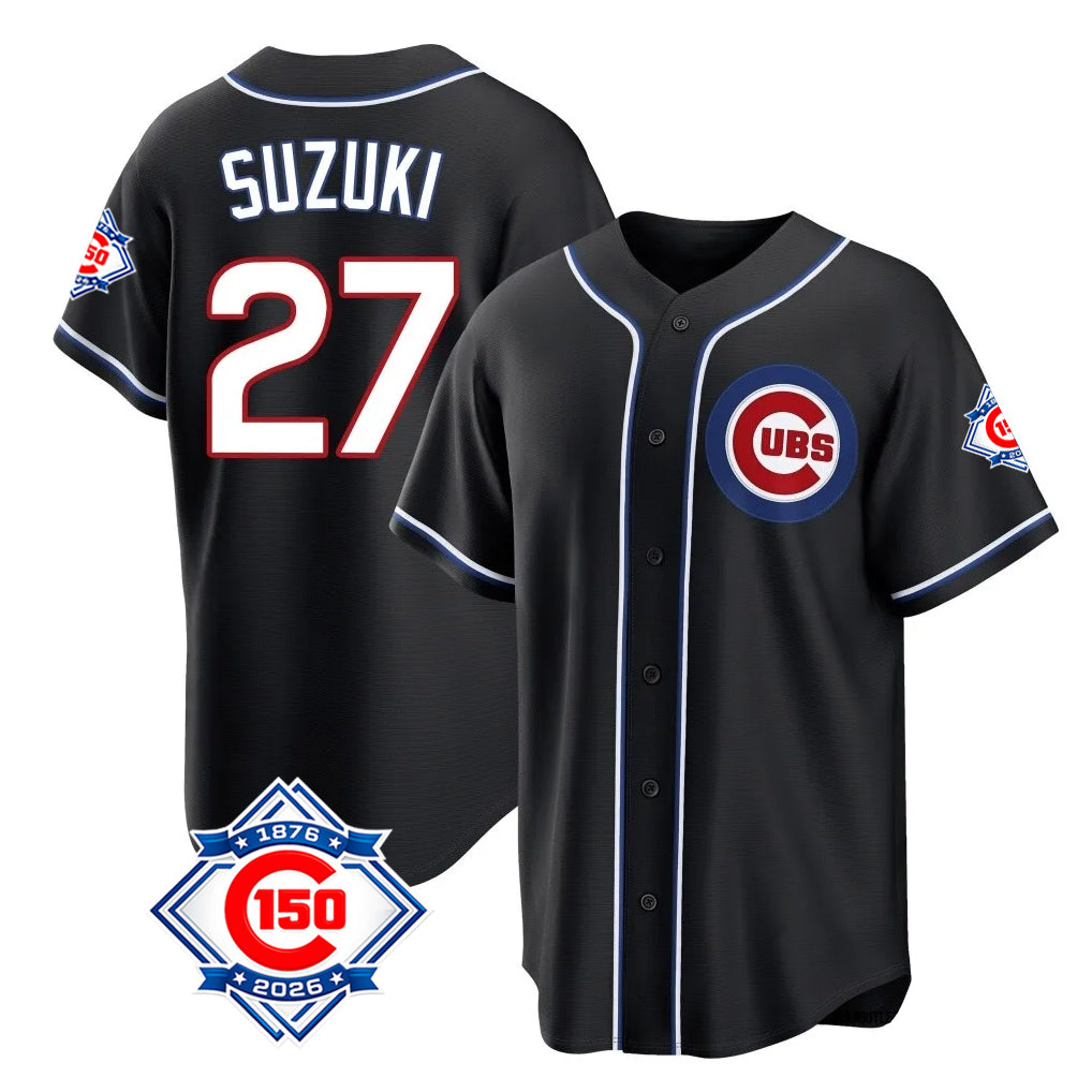 Fenge C.Cubs #27 Seiya Suzuki Player Black Fashion Out 150th Anniversary Game Stitched Jerseys