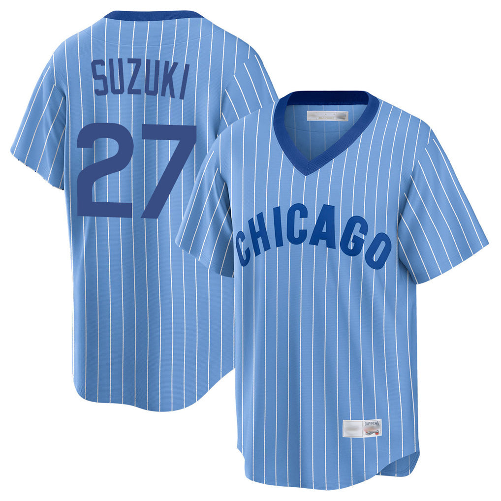 Fenge C.Cubs #27 Seiya Suzuki Player Blue T-shirt Cooperstown Collection Limited Stitched Jerseys