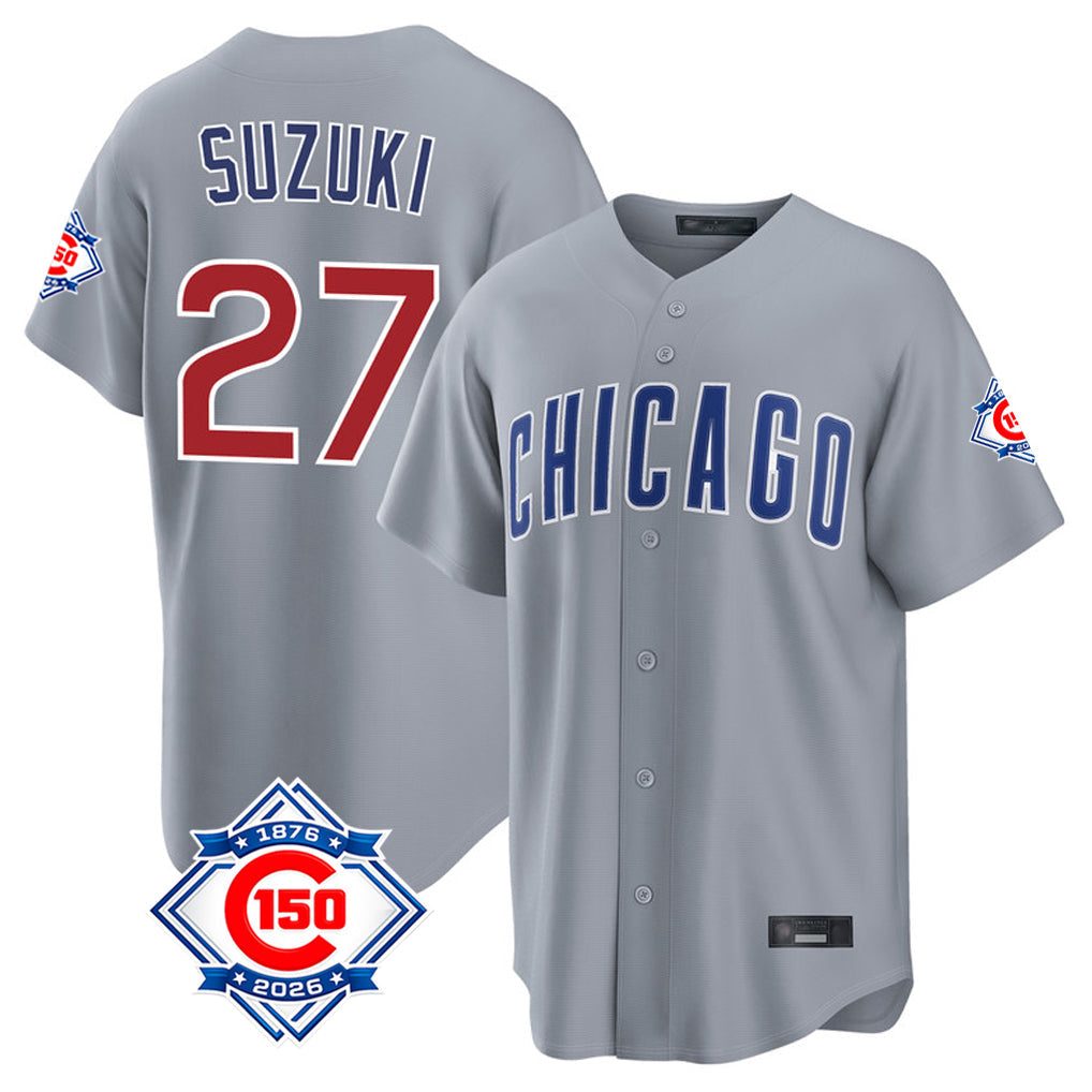 Fenge C.Cubs #27 Seiya Suzuki Player Gray 150th Anniversary Home Game Stitched Jerseys