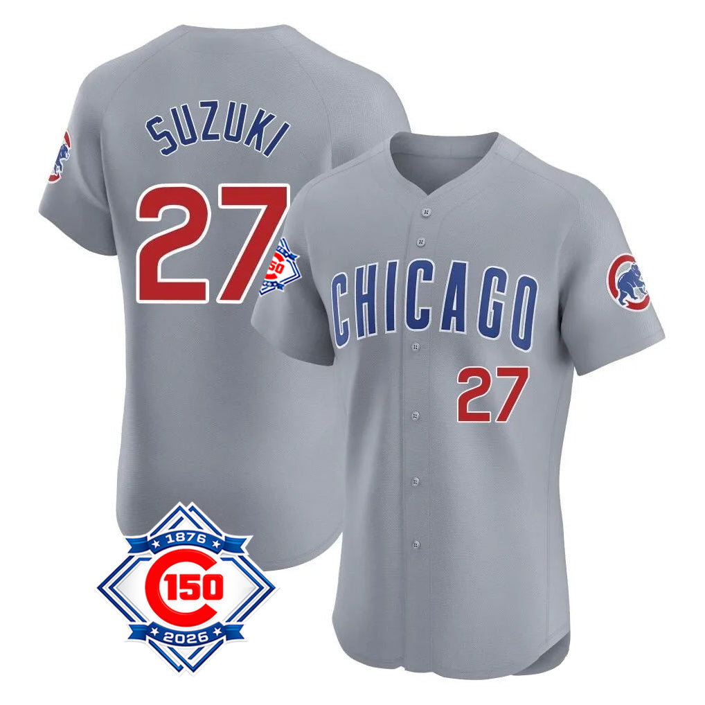 Fenge C.Cubs #27 Seiya Suzuki Player Gray Road 150th Anniversary Limited Elite Home Stitched Jerseys