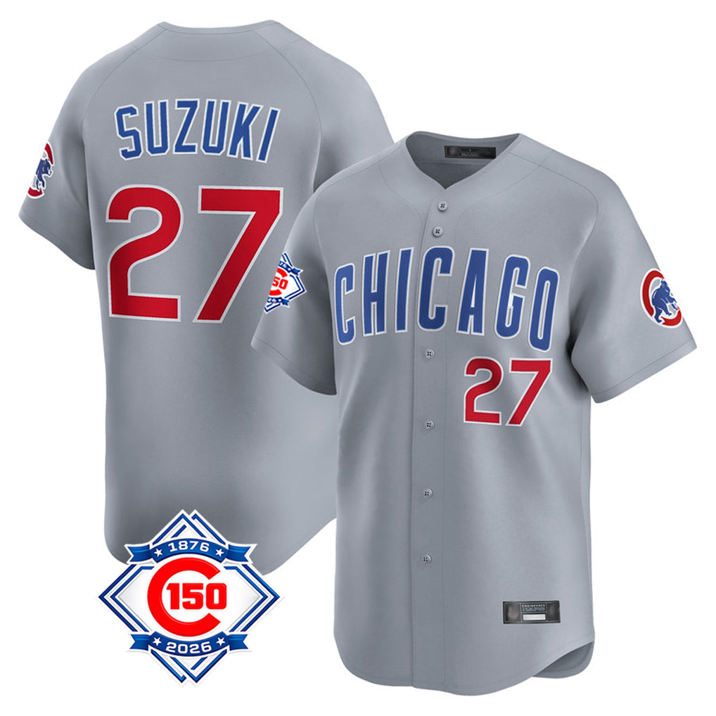 Fenge C.Cubs #27 Seiya Suzuki Player Gray Road 150th Anniversary Limited Home Stitched Jerseys