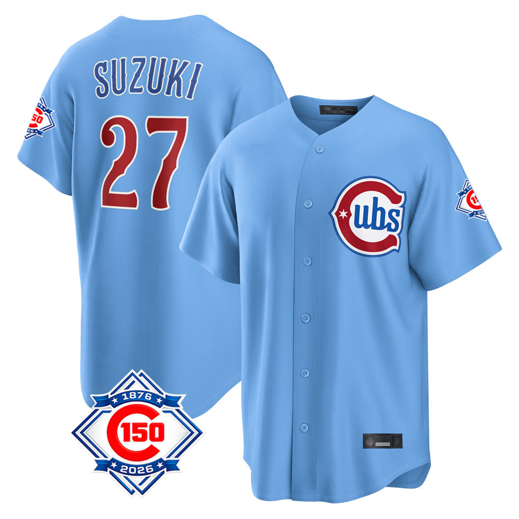 Fenge C.Cubs #27 Seiya Suzuki Player Light Blue 150th Anniversary Home Game Stitched Jerseys