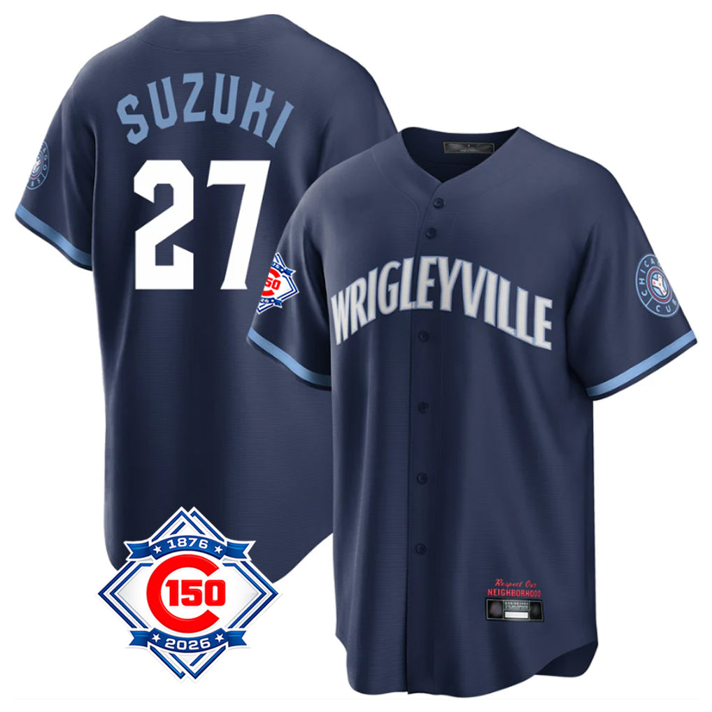 Fenge C.Cubs #27 Seiya Suzuki Player Navy 150th Anniversary City Connect Home Game Stitched Jerseys