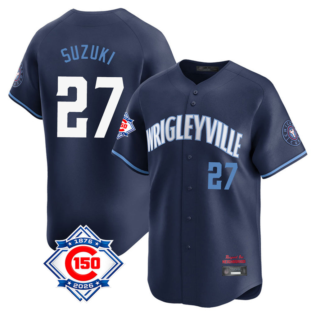 Fenge C.Cubs #27 Seiya Suzuki Player Navy City Connect 150th Anniversary Limited Home Stitched Jerseys