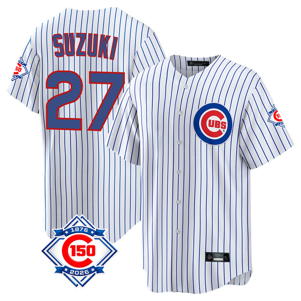 Fenge C.Cubs #27 Seiya Suzuki Player White 150th Anniversary Home Game Stitched Jerseys