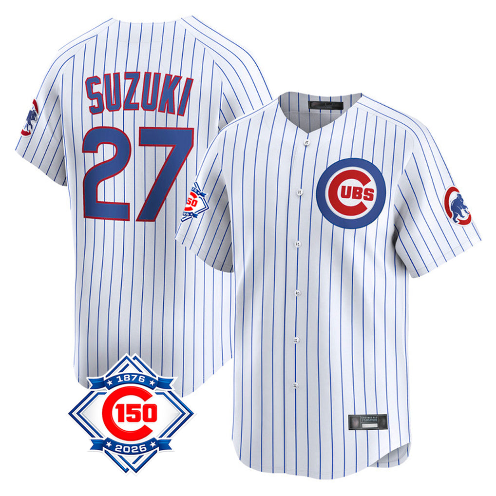 Fenge C.Cubs #27 Seiya Suzuki Player White 150th Anniversary Limited Home Game Stitched Jerseys