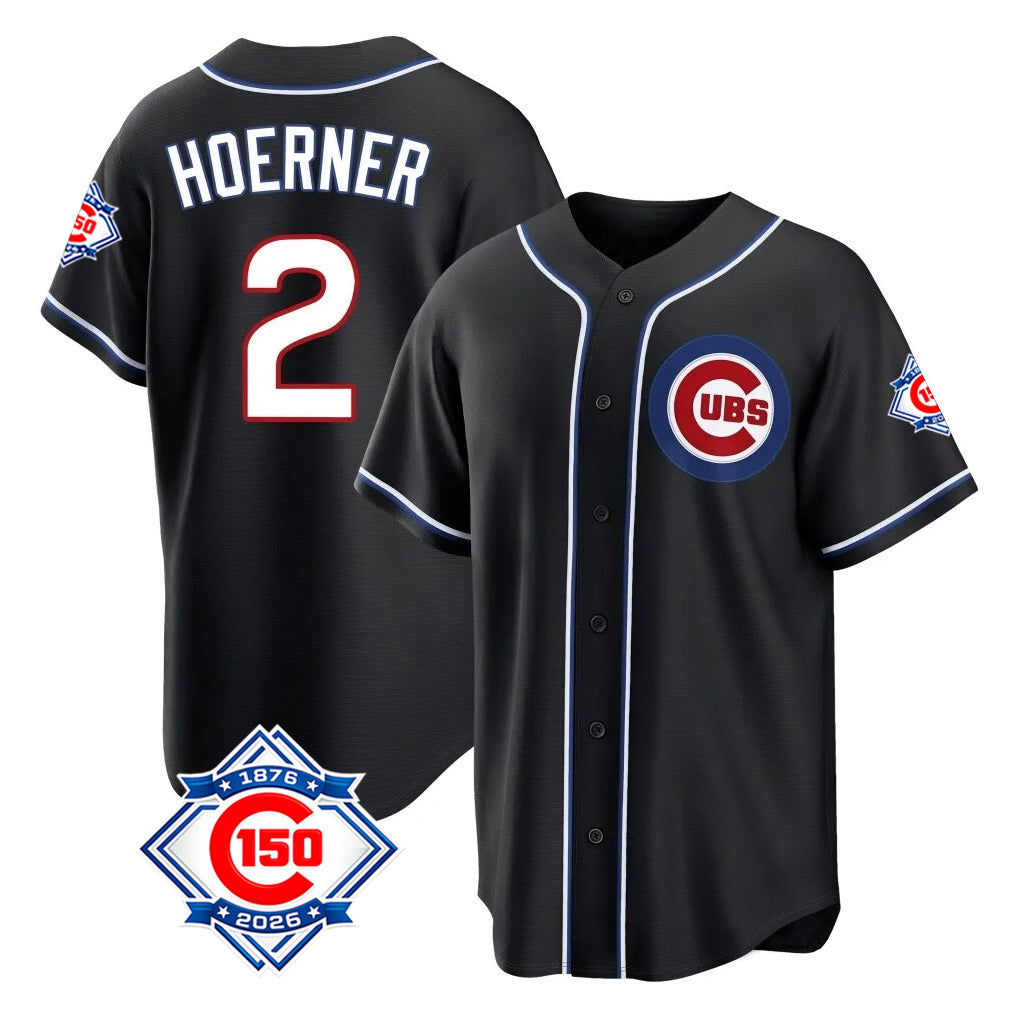 Fenge C.Cubs #2 Nico Hoerner Player Black Fashion Out 150th Anniversary Game Stitched Jerseys