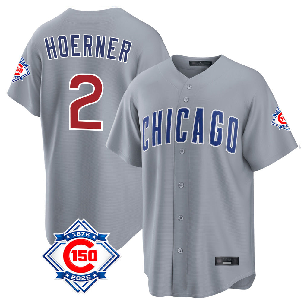Fenge C.Cubs #2 Nico Hoerner Player Gray 150th Anniversary Home Game Stitched Jerseys
