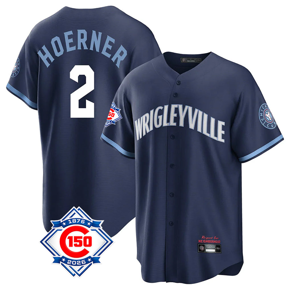 Fenge C.Cubs #2 Nico Hoerner Player Navy 150th Anniversary City Connect Home Game Stitched Jerseys