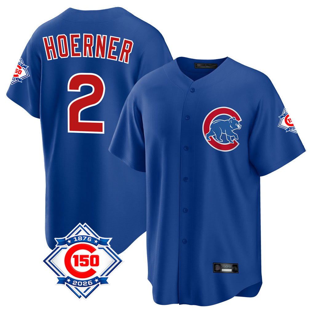 Fenge C.Cubs #2 Nico Hoerner Player Royal 150th Anniversary Home Game Stitched Jerseys