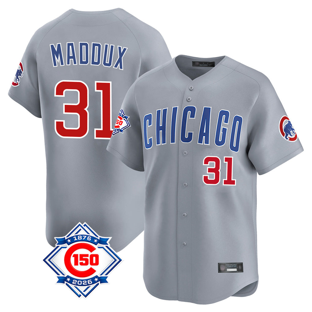 Fenge C.Cubs #31 Greg Maddux Player Gray Road 150th Anniversary Limited Home Stitched Jerseys