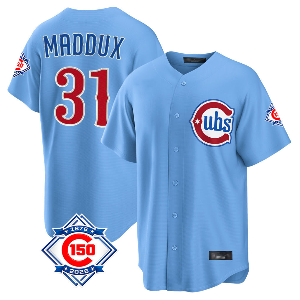 Fenge C.Cubs #31 Greg Maddux Player Light Blue 150th Anniversary Home Game Stitched Jerseys