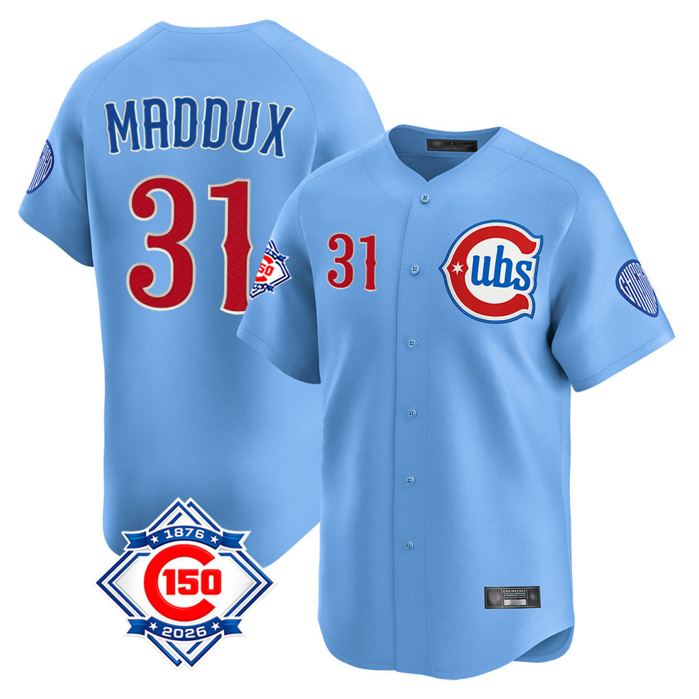 Fenge C.Cubs #31 Greg Maddux Player Light Blue 150th Anniversary Limited Home Stitched Jerseys