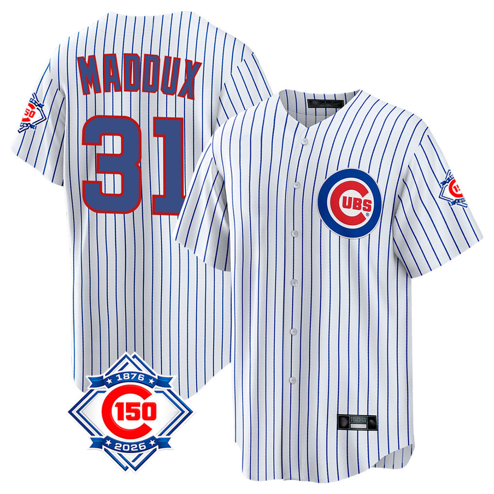 Fenge C.Cubs #31 Greg Maddux Player White 150th Anniversary Home Game Stitched Jerseys