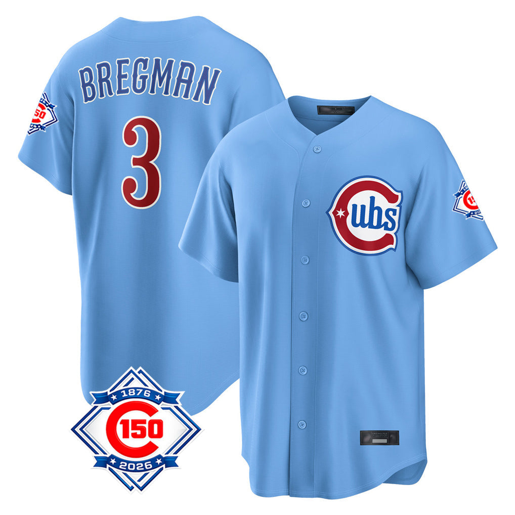 Fenge C.Cubs #3 Alex Bregman Light Blue 150th Anniversary Home Game Stitched Jerseys