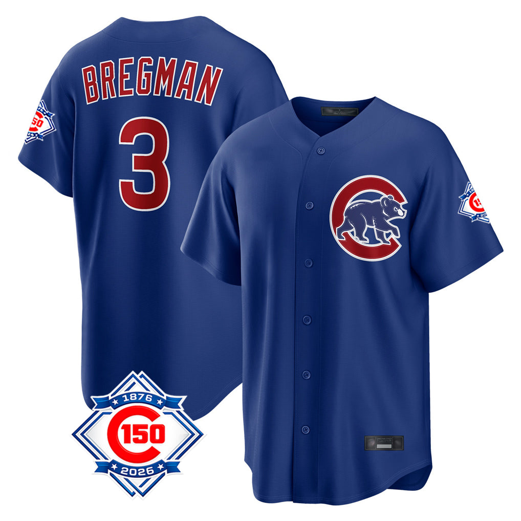 Fenge C.Cubs #3 Alex Bregman Royal 150th Anniversary Home Game Stitched Jerseys
