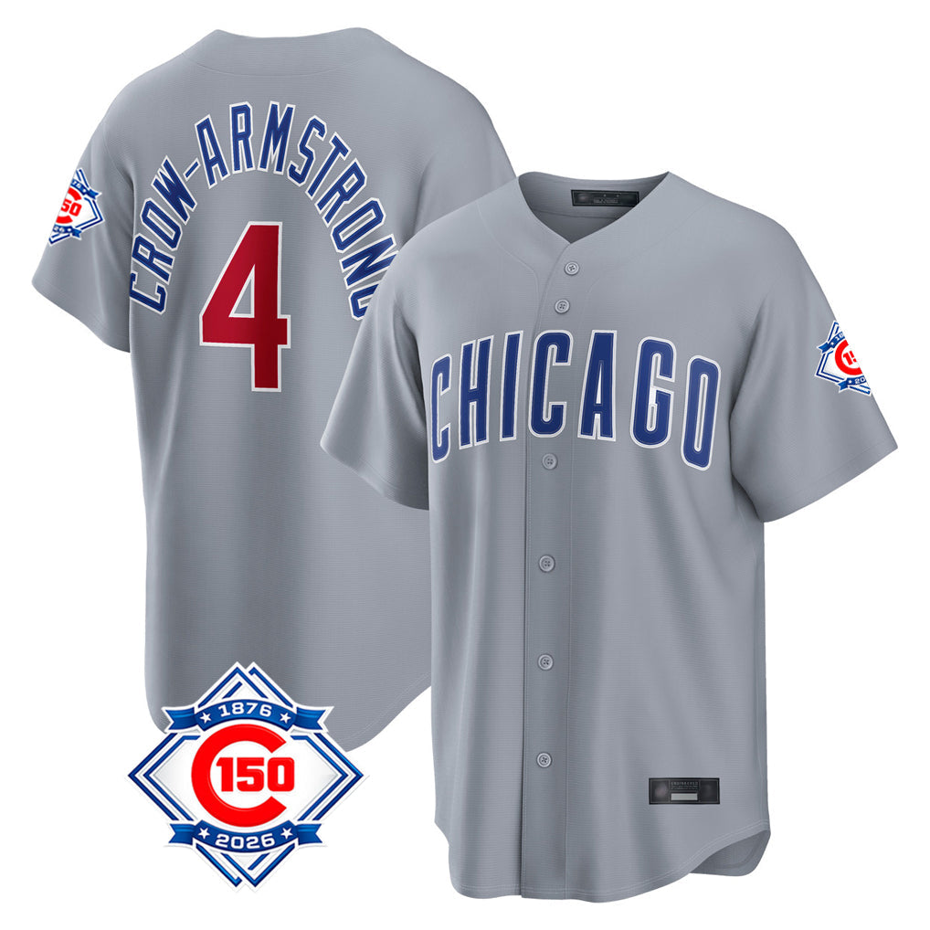 Fenge C.Cubs #4 Pete Crow-Armstrong Player Gray 150th Anniversary Home Game Stitched Jerseys