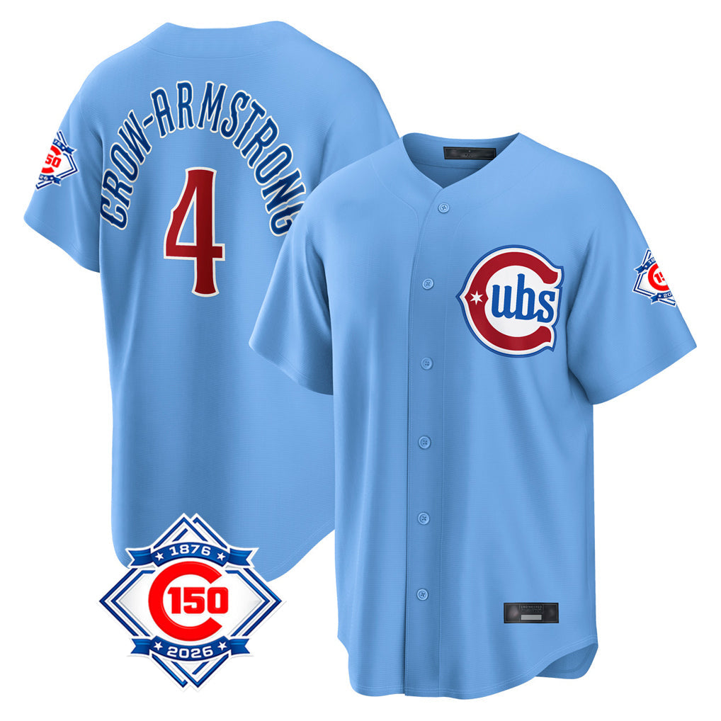 Fenge C.Cubs #4 Pete Crow-Armstrong Player Light Blue 150th Anniversary Home Game Stitched Jerseys