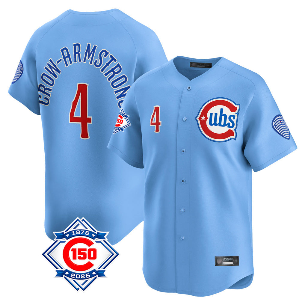 Fenge C.Cubs #4 Pete Crow-Armstrong Player Light Blue 150th Anniversary Limited Home Stitched Jerseys