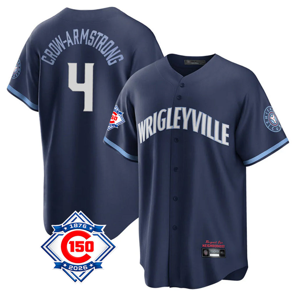 Fenge C.Cubs #4 Pete Crow-Armstrong Player Navy 150th Anniversary City Connect Home Game Stitched Jerseys