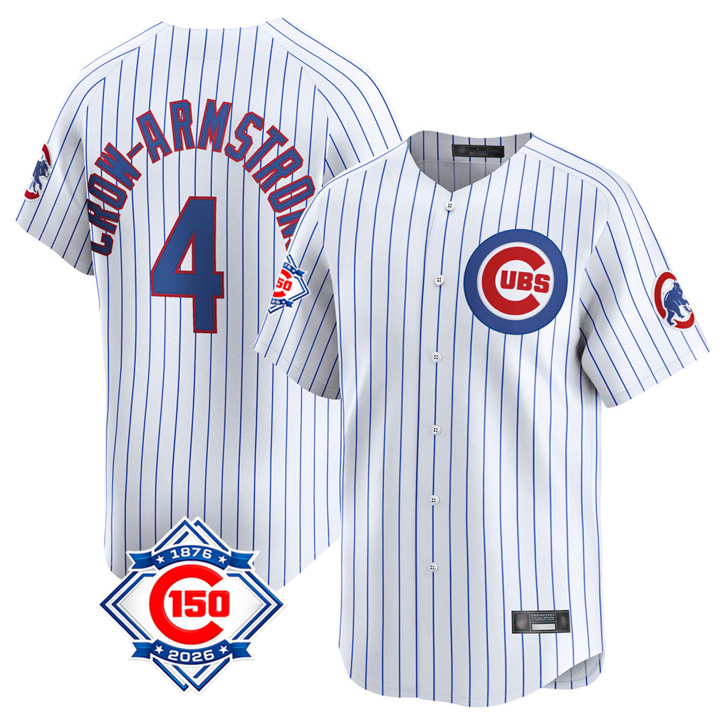Fenge C.Cubs #4 Pete Crow-Armstrong Player White 150th Anniversary Limited Home Game Stitched Jerseys