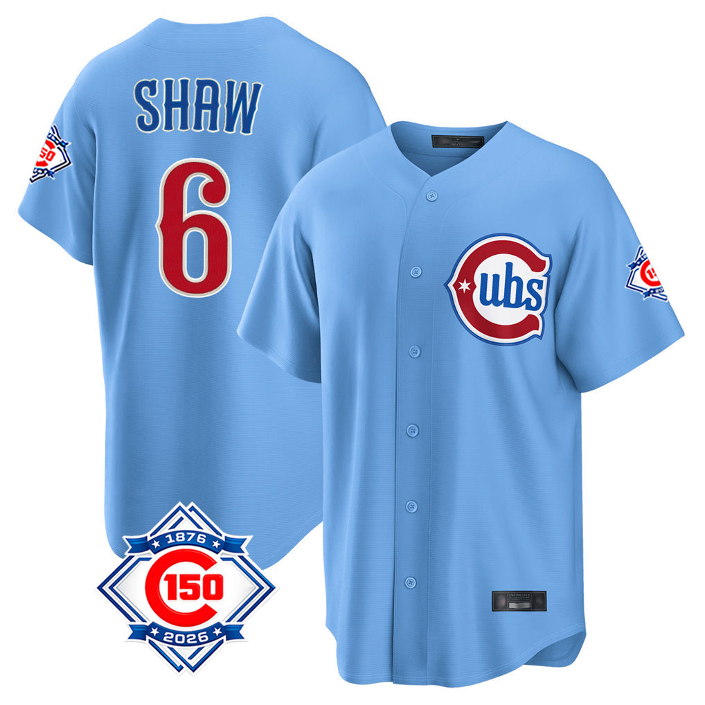 Fenge C.Cubs #6 Matt Shaw Player Light Blue 150th Anniversary Home Game Stitched Jerseys