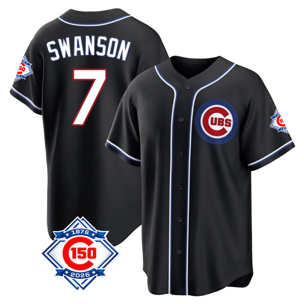 Fenge C.Cubs #7 Dansby Swanson Player Black Fashion Out 150th Anniversary Game Stitched Jerseys