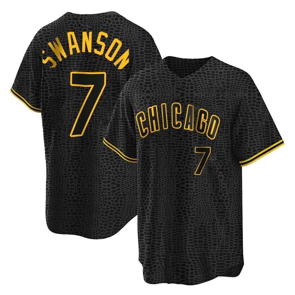 Fenge C.Cubs #7 Dansby Swanson Player Black Snake Skin City Game Stitched Jerseys