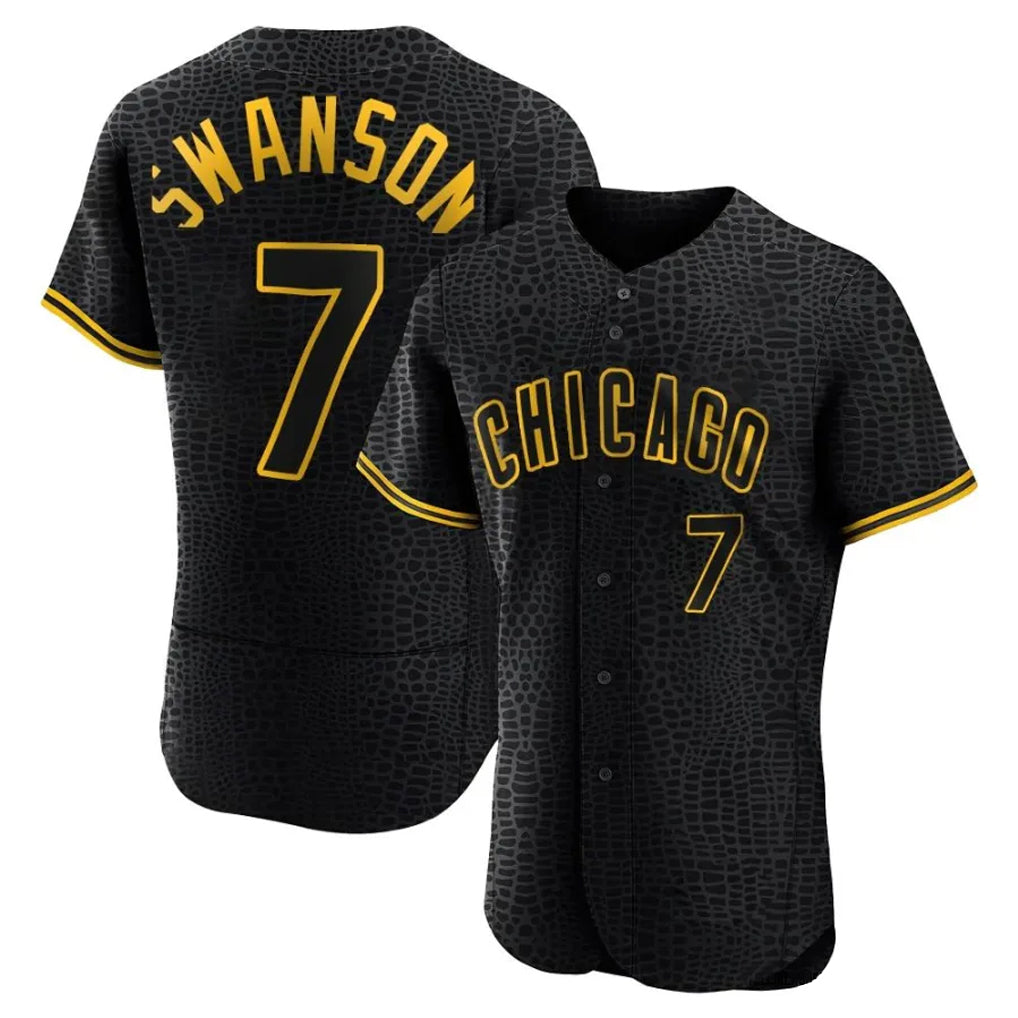 Fenge C.Cubs #7 Dansby Swanson Player Black Snake Skin City Limited Elite Home Game Stitched Jerseys