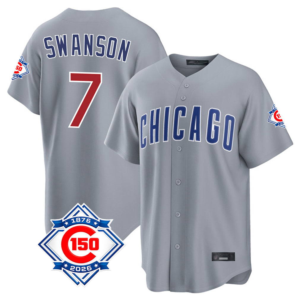 Fenge C.Cubs #7 Dansby Swanson Player Gray 150th Anniversary Home Game Stitched Jerseys