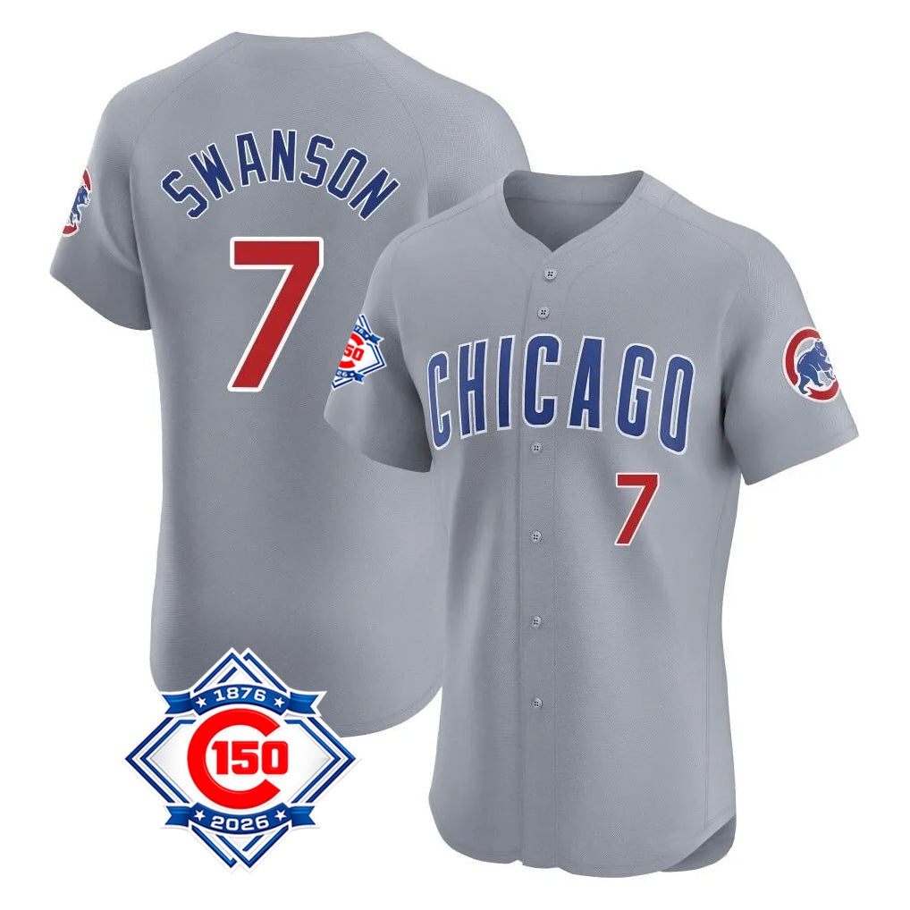 Fenge C.Cubs #7 Dansby Swanson Player Gray Road 150th Anniversary Limited Elite Home Stitched Jerseys