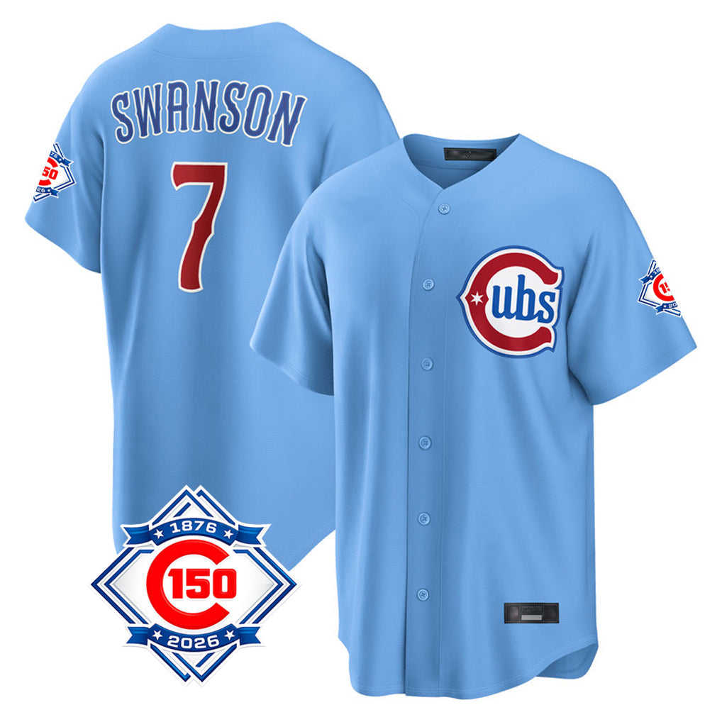 Fenge C.Cubs #7 Dansby Swanson Player Light Blue 150th Anniversary Home Game Stitched Jerseys