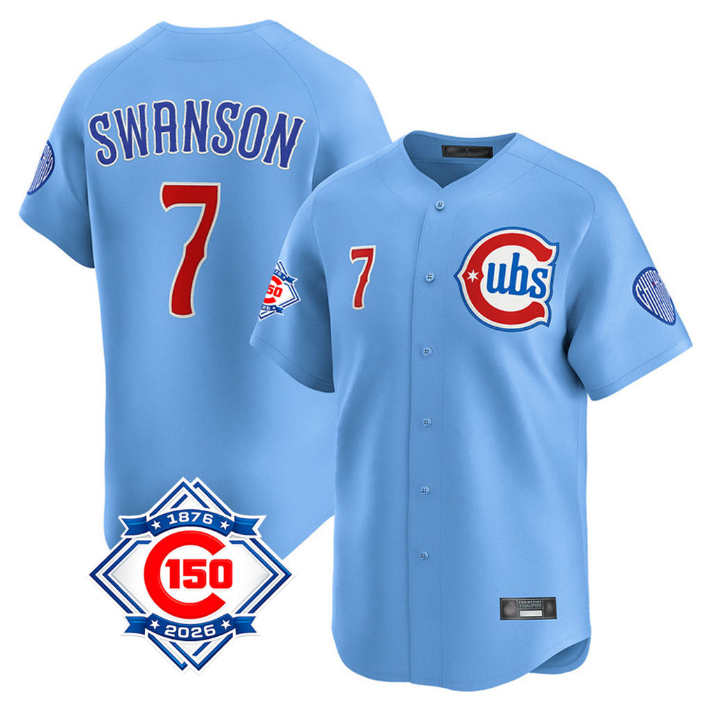 Fenge C.Cubs #7 Dansby Swanson Player Light Blue 150th Anniversary Limited Home Stitched Jerseys