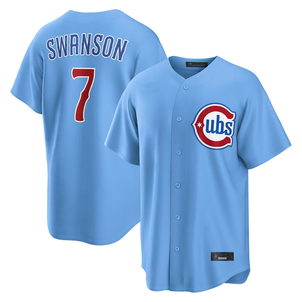 Fenge C.Cubs #7 Dansby Swanson Player Light Blue Home Game Stitched Jerseys