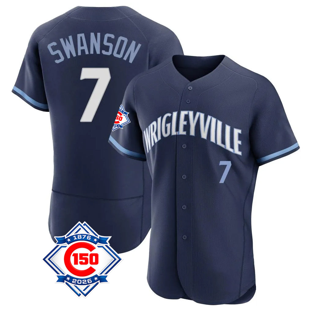Fenge C.Cubs #7 Dansby Swanson Player Navy City Connect 150th Anniversary Limited Elite Home Stitched Jerseys