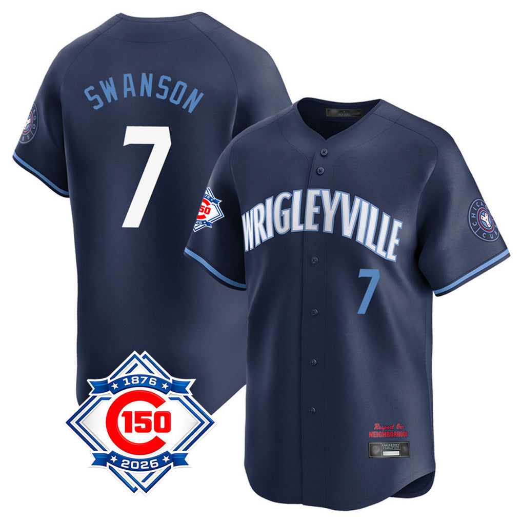 Fenge C.Cubs #7 Dansby Swanson Player Navy City Connect 150th Anniversary Limited Home Stitched Jerseys