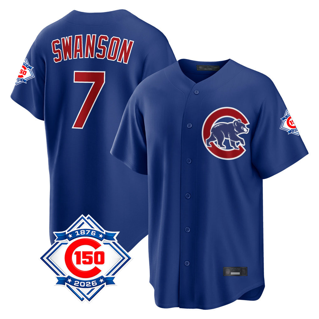 Fenge C.Cubs #7 Dansby Swanson Player Royal 150th Anniversary Home Game Stitched Jerseys