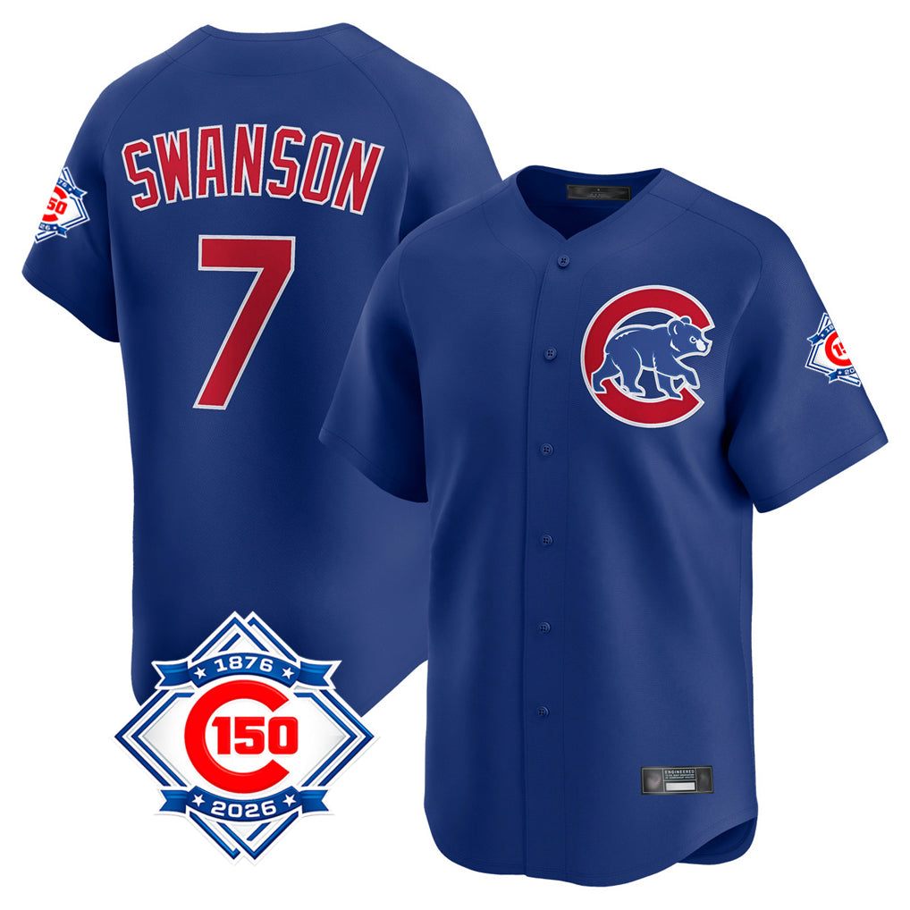 Fenge C.Cubs #7 Dansby Swanson Player Royal 150th Anniversary Limited Home Stitched Jerseys