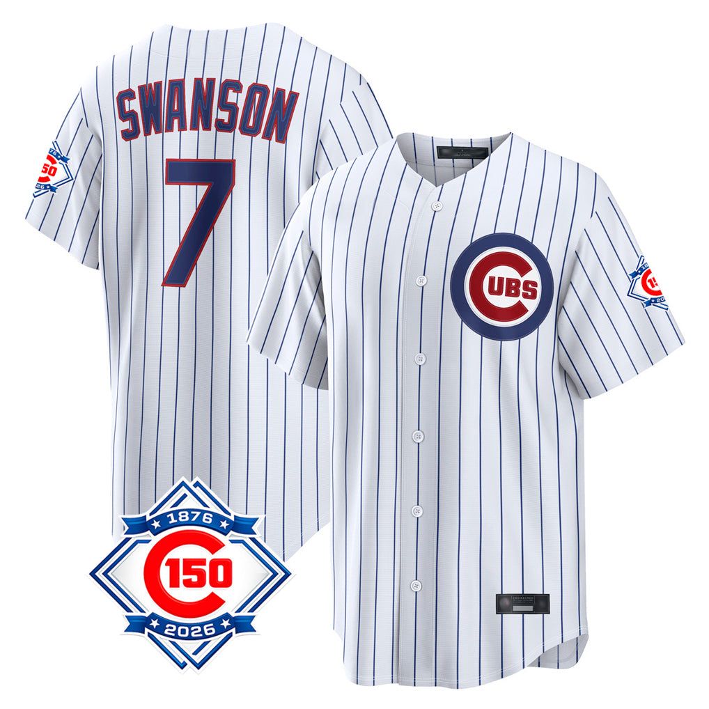 Fenge C.Cubs #7 Dansby Swanson Player White 150th Anniversary Game Home Stitched Jerseys
