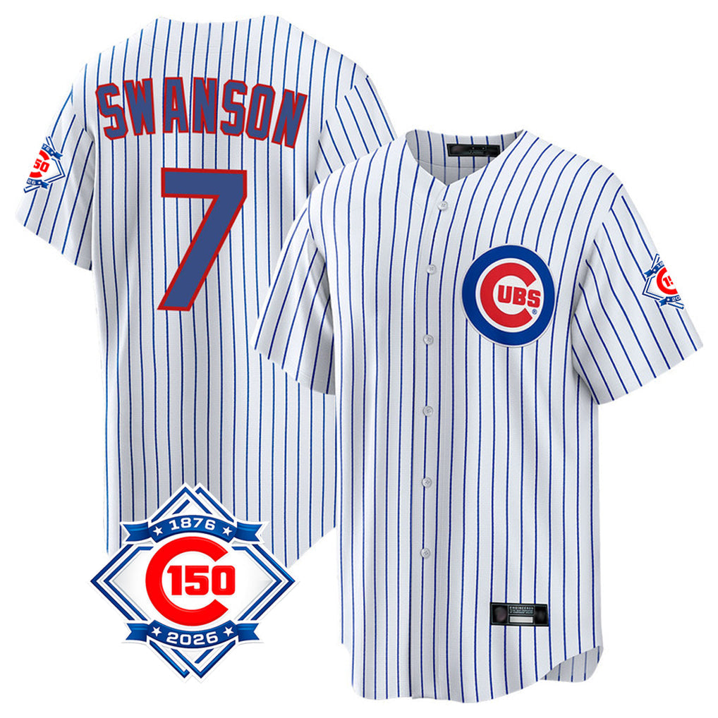 Fenge C.Cubs #7 Dansby Swanson Player White 150th Anniversary Home Game Stitched Jerseys