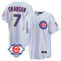 Fenge C.Cubs #7 Dansby Swanson Player White 150th Anniversary Home Game Stitched Jerseys