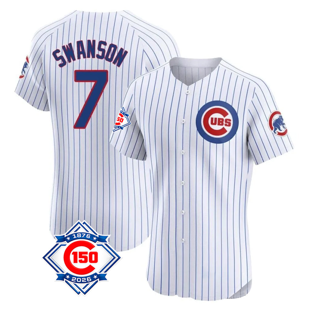 Fenge C.Cubs #7 Dansby Swanson Player White 150th Anniversary Limited Elite Home Game Stitched Jerseys