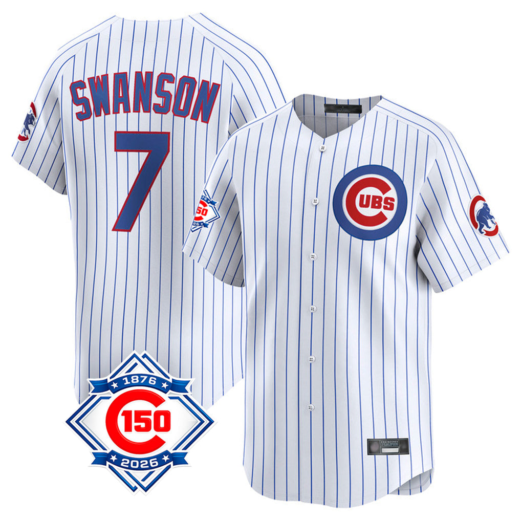 Fenge C.Cubs #7 Dansby Swanson Player White 150th Anniversary Limited Home Game Stitched Jerseys