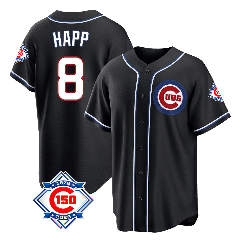 Fenge C.Cubs #8 Ian Happ Player Black Fashion Out 150th Anniversary Game Stitched Jerseys