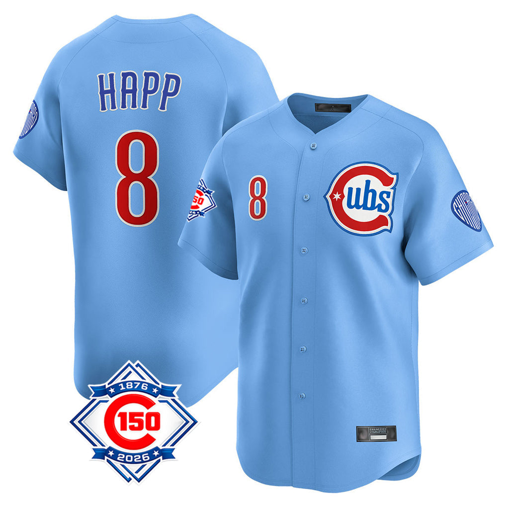 Fenge C.Cubs #8 Ian Happ Player Light Blue 150th Anniversary Limited Home Stitched Jerseys