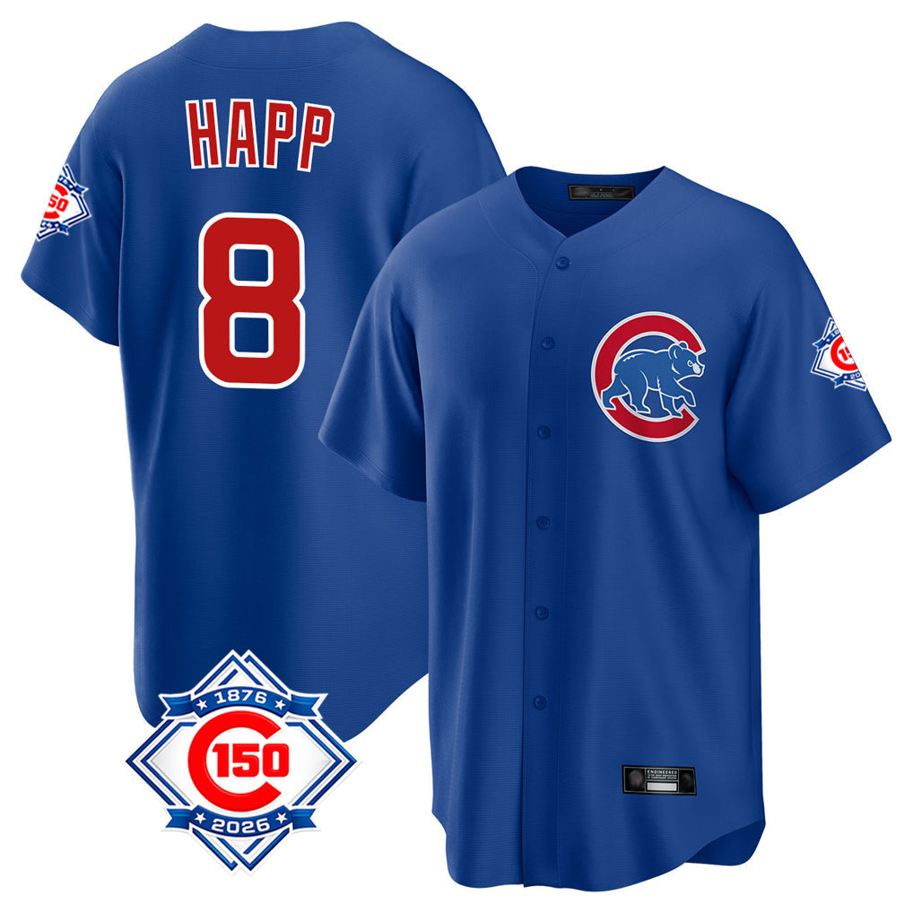 Fenge C.Cubs #8 Ian Happ Player Royal 150th Anniversary Home Game Stitched Jerseys
