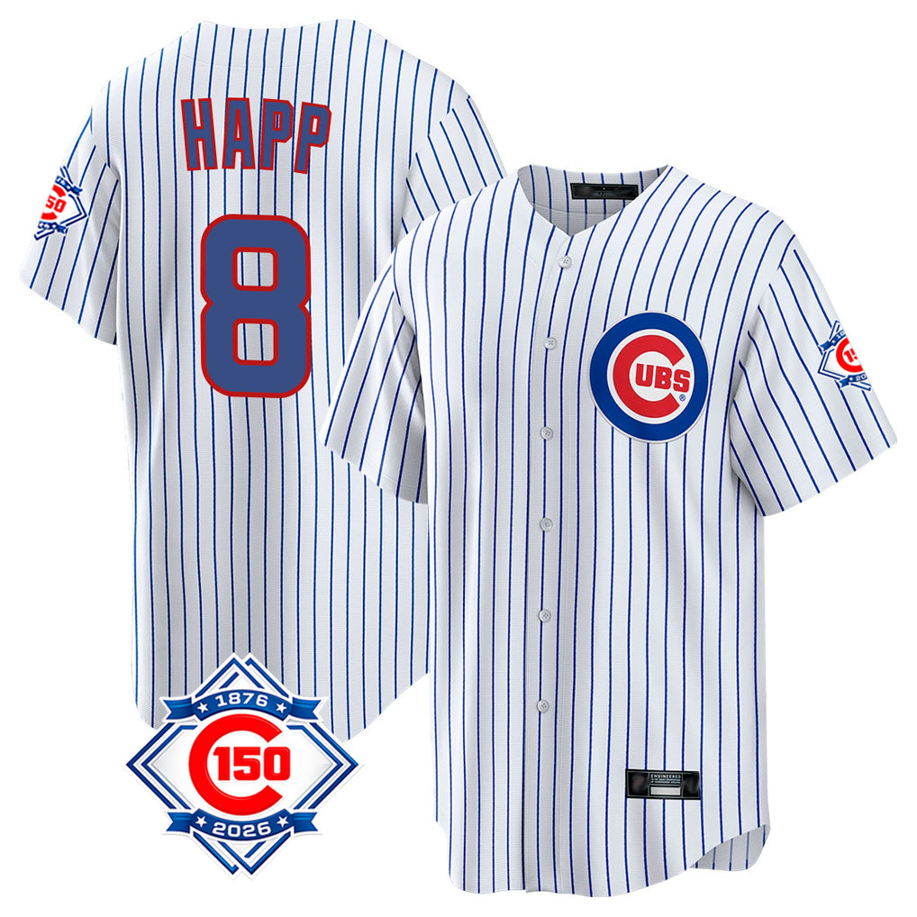 Fenge C.Cubs #8 Ian Happ Player White 150th Anniversary Home Game Stitched Jerseys